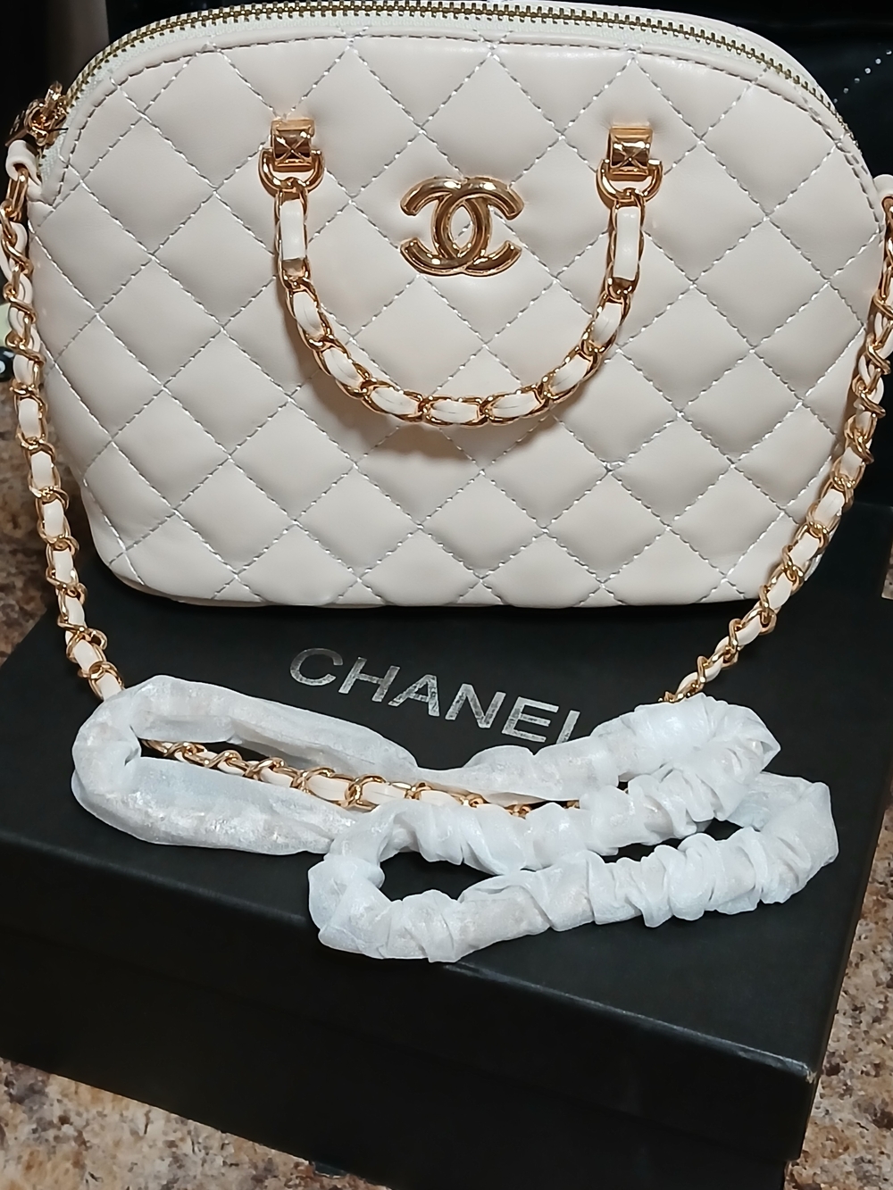 Cream Quilted Crossbody Bag with Gold Chain Strap CC logo NWT